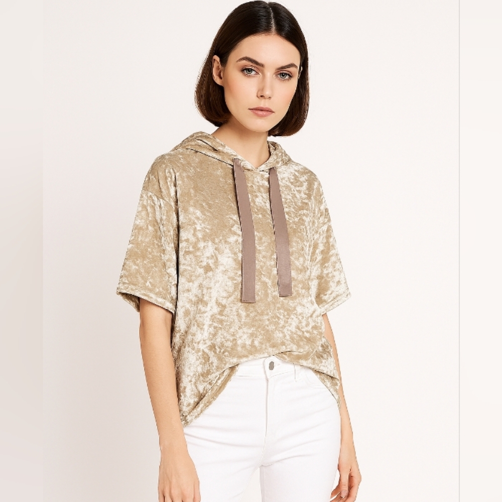 Forever 21 Crushed Velvet Short Sleeve Hoodie Top Cream Medium